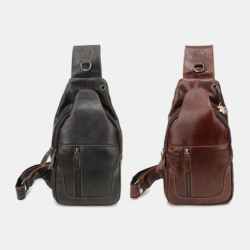 Herren First Layer Rindsleder Retro Multi Pocket Kopfhörer Loch Design Brusttasche Umhängetasche