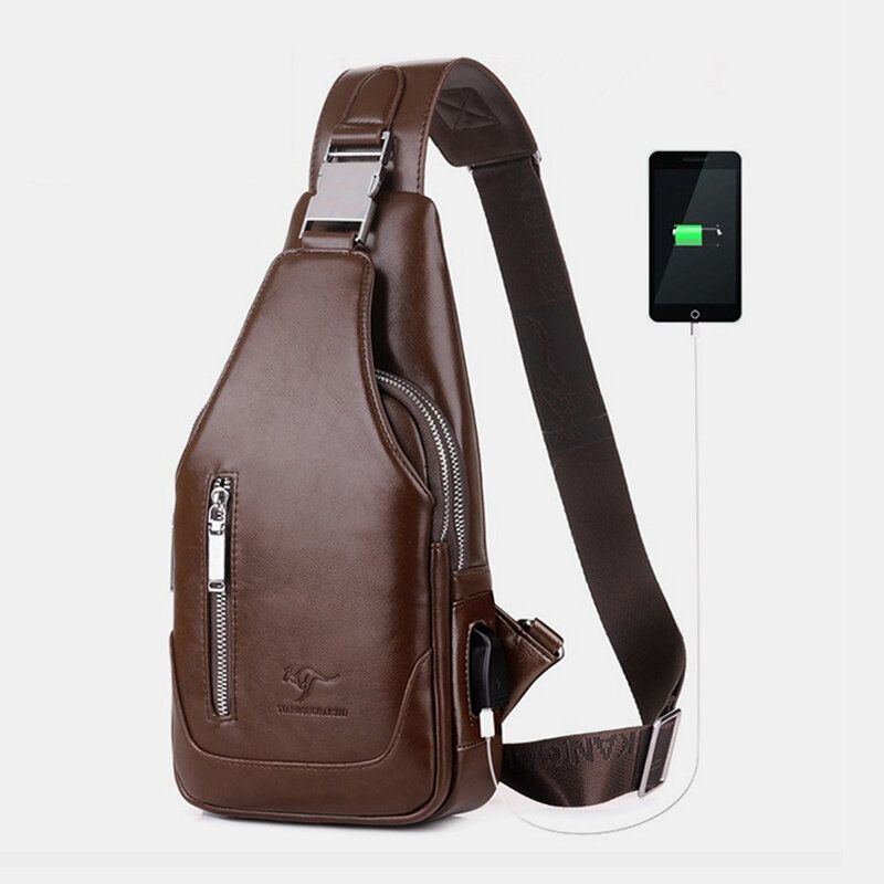 Herren Pu Leder Business Casual Outdoor Wasserdicht Multi Trage Umhängetasche Umhängetasche Brusttasche Mit Usb Aufladung