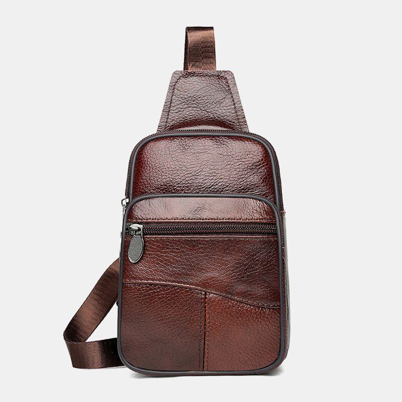 Herren Echtes Leder Große Kapazität Multi Pocket Verschleißfeste Brusttasche Umhängetasche