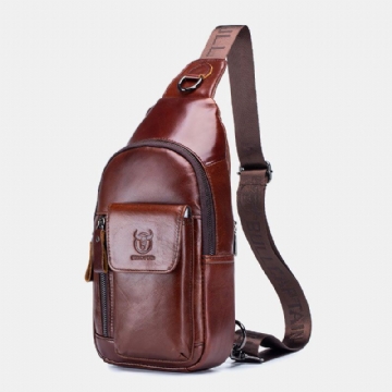 Herren Echtes Leder Kopfhörer Loch Retro Solid First Layer Leder Umhängetasche Brusttasche