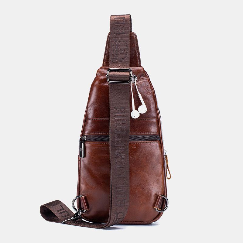 Herren Echtes Leder Kopfhörer Loch Retro Solid First Layer Leder Umhängetasche Brusttasche