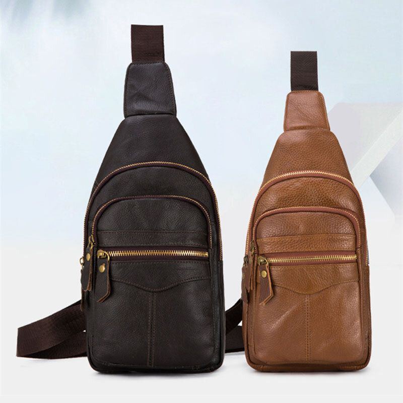 Herren Echtes Leder Mehrschichtig Wasserdichte Lässige Umhängetasche Brusttasche Sling Bag