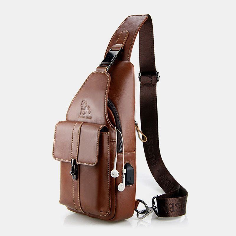 Herren Echtes Leder Usb Aufladung Retro Casual Rindsleder Brusttasche Sling Bag Umhängetasche