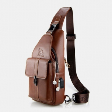 Herren Echtes Leder Usb Aufladung Retro Casual Rindsleder Brusttasche Sling Bag Umhängetasche