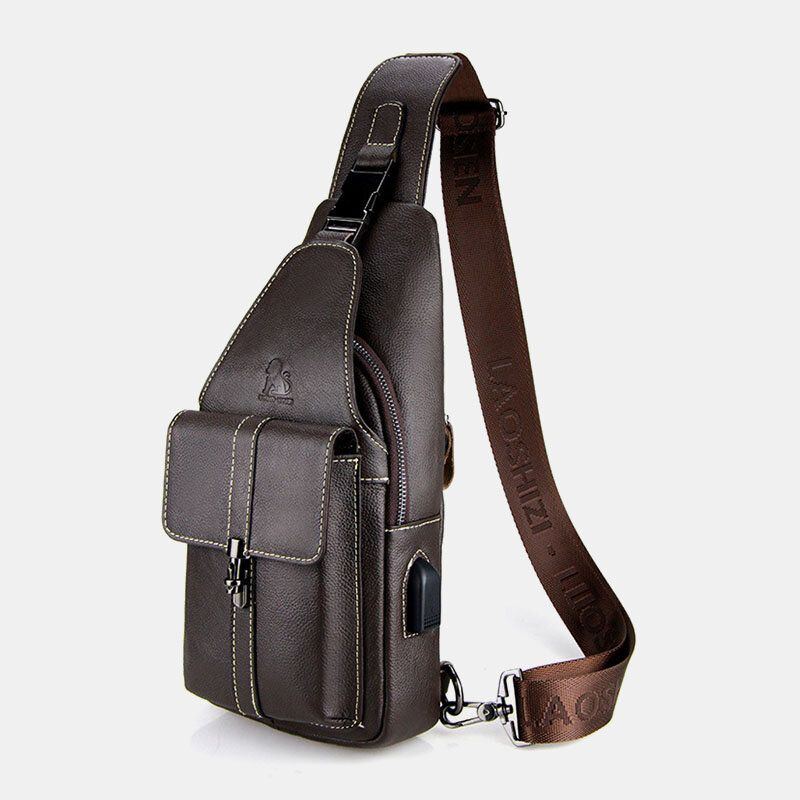 Herren Echtes Leder Usb Aufladung Retro Casual Rindsleder Brusttasche Sling Bag Umhängetasche