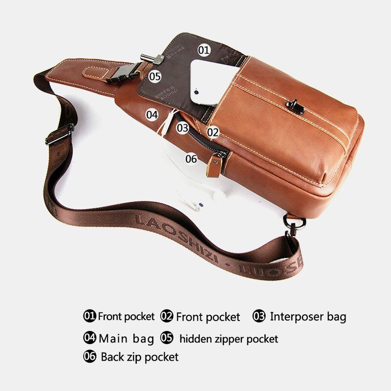 Herren Echtes Leder Usb Aufladung Retro Casual Rindsleder Brusttasche Sling Bag Umhängetasche