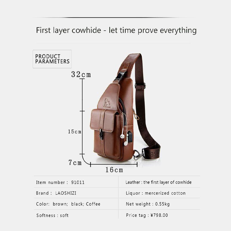 Herren Echtes Leder Usb Aufladung Retro Casual Rindsleder Brusttasche Sling Bag Umhängetasche