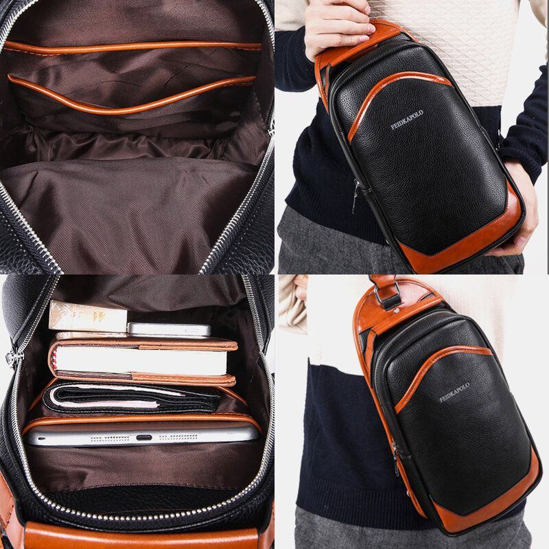 Herren Leder Patchwork Casual Große Kapazität Anti Diebstahl Brusttasche Umhängetasche Schultertasche