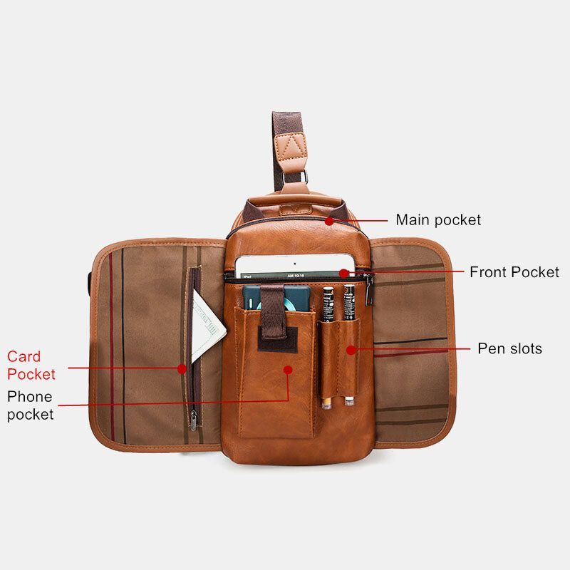 Herren Pu Leder Große Kapazität Multifunktions Headset Loch Usb Aufladung Kurztrip Schultertaschen Umhängetasche Brusttasche