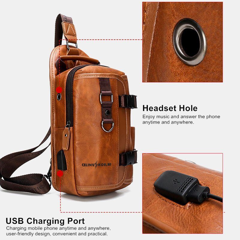 Herren Pu Leder Große Kapazität Multifunktions Headset Loch Usb Aufladung Kurztrip Schultertaschen Umhängetasche Brusttasche