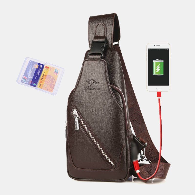 Herren Pu Leder Usb Aufladung Wasserdicht Kopfhörer Loch Business Umhängetasche Brusttasche Sling Bag