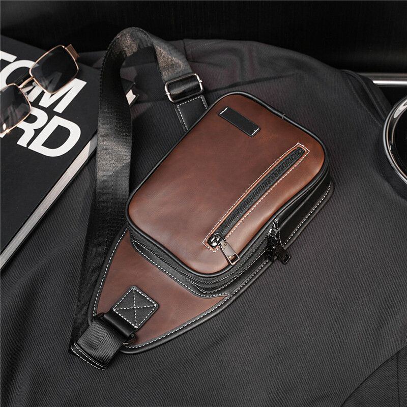 Herren Retro Lässige Wasserdichte Große Kapazität Multifunktions Brusttasche Mit Mehreren Taschen Pu Weiches Leder Umhängetasche