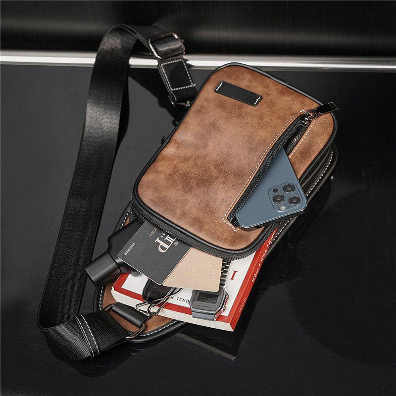 Herren Retro Lässige Wasserdichte Große Kapazität Multifunktions Brusttasche Mit Mehreren Taschen Pu Weiches Leder Umhängetasche