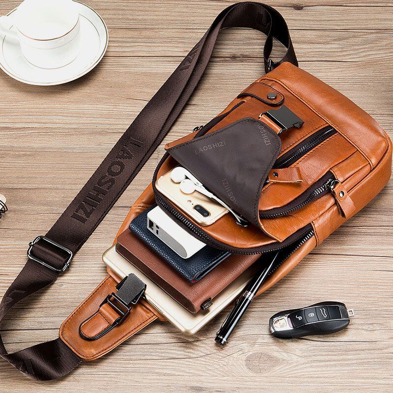 Herren Rindsleder Multi Pocket Usb Lade Brusttasche Outdoor Reisen Anti Diebstahl Crossbody Umhängetasche