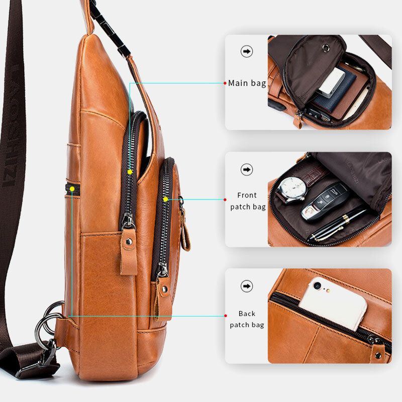 Herren Rindsleder Multi Pocket Usb Lade Brusttasche Outdoor Reisen Anti Diebstahl Crossbody Umhängetasche