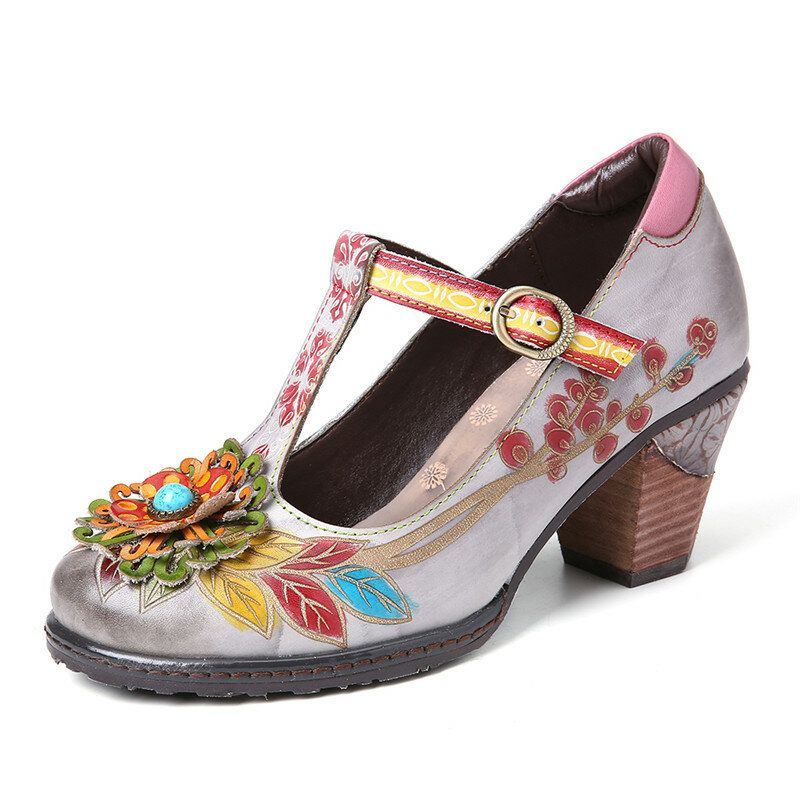 Bemalte Retro Damenschuhe Mit Floralem Lederumwickelter Ferse T Strap Schnalle Chunky Heels