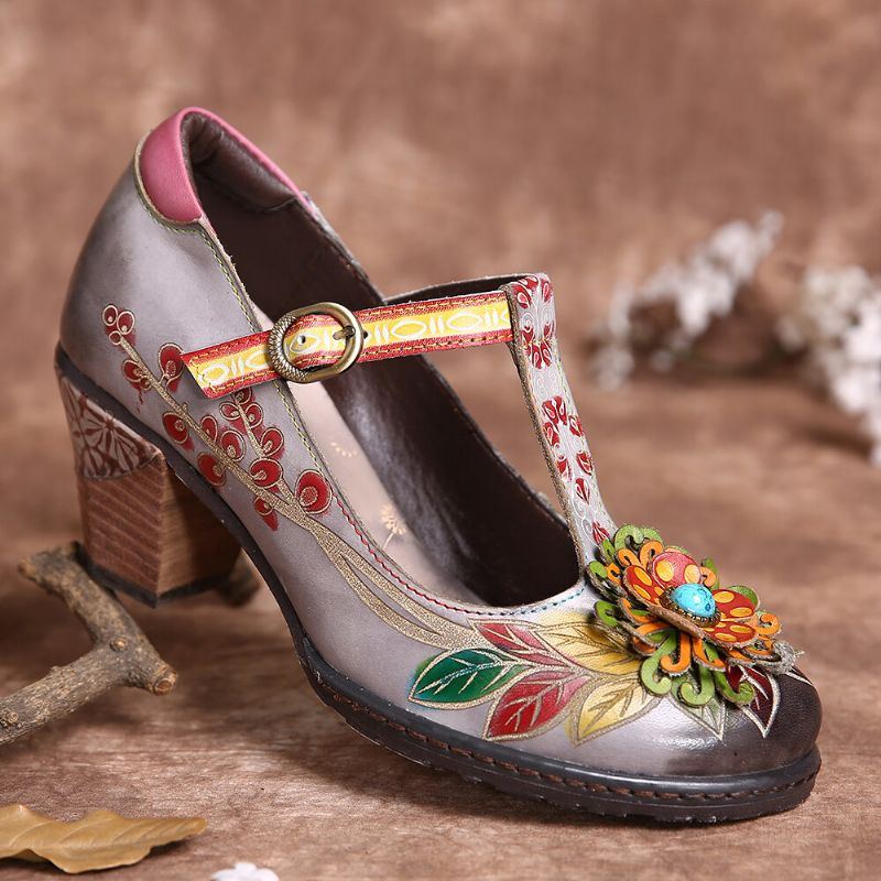 Bemalte Retro Damenschuhe Mit Floralem Lederumwickelter Ferse T Strap Schnalle Chunky Heels