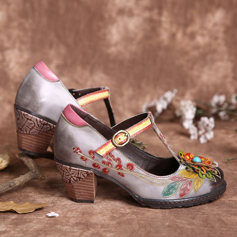 Bemalte Retro Damenschuhe Mit Floralem Lederumwickelter Ferse T Strap Schnalle Chunky Heels