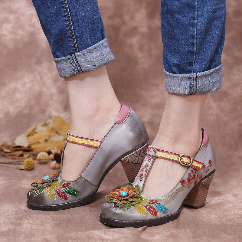 Bemalte Retro Damenschuhe Mit Floralem Lederumwickelter Ferse T Strap Schnalle Chunky Heels