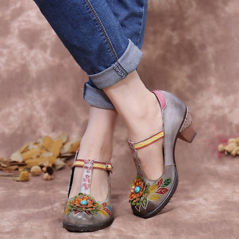 Bemalte Retro Damenschuhe Mit Floralem Lederumwickelter Ferse T Strap Schnalle Chunky Heels