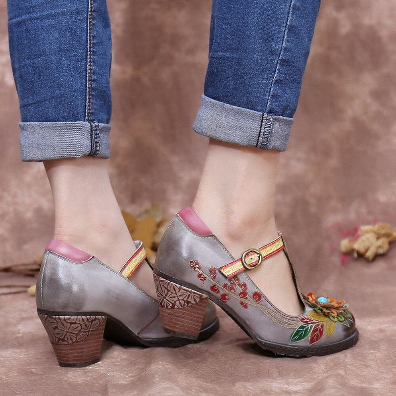 Bemalte Retro Damenschuhe Mit Floralem Lederumwickelter Ferse T Strap Schnalle Chunky Heels