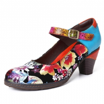 Bemalte Sonnenblumen Echtes Leder Elegante Mary Jane Pumps Mit Knöchelschnalle