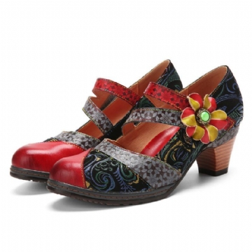 Bequeme Mary Jane Heels Aus Echtem Leder Mit Klettverschluss Im Retro Farbblockdesign Mit Blumendekor