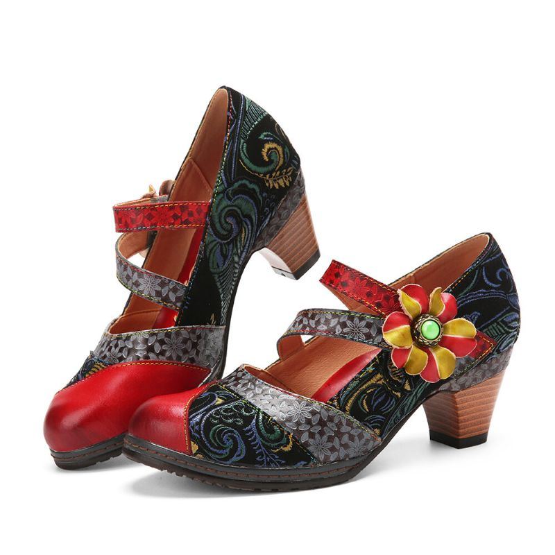 Bequeme Mary Jane Heels Aus Echtem Leder Mit Klettverschluss Im Retro Farbblockdesign Mit Blumendekor