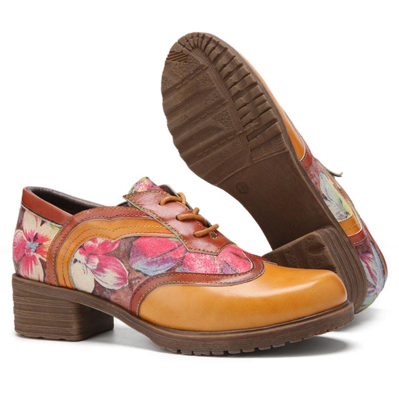 Bequeme Oxfords Mit Runder Zehenpartie Aus Echtem Leder Für Damen Mit Retro Blumenmuster Und Schnürung