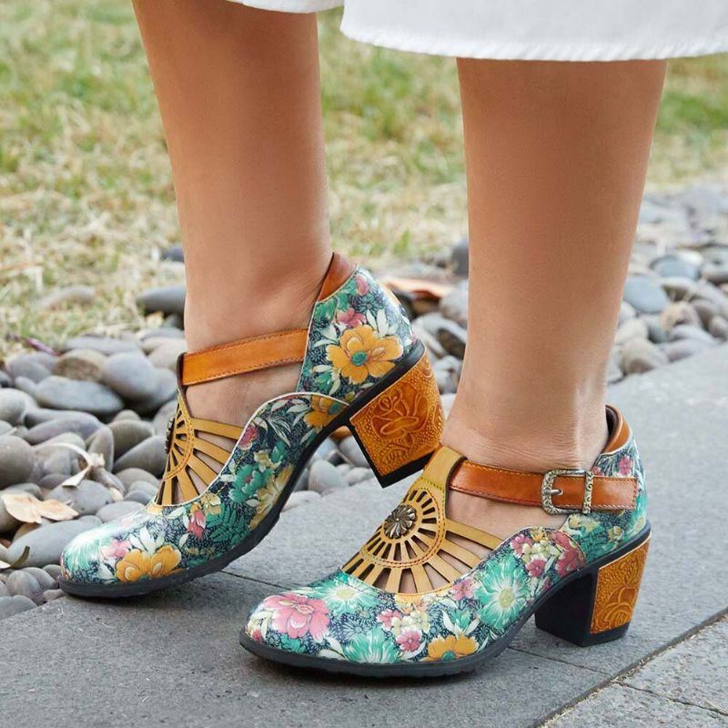 Bequeme T Strap Heels Aus Echtem Leder Mit Klettverschluss Und Retro Blumenmuster Für Damen