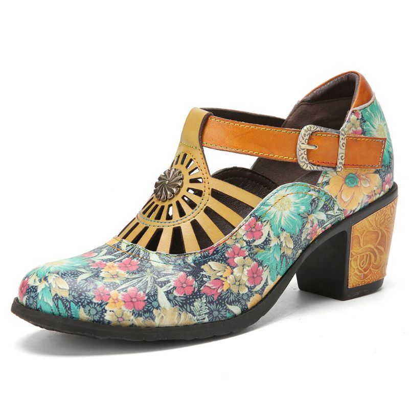 Bequeme T Strap Heels Aus Echtem Leder Mit Klettverschluss Und Retro Blumenmuster Für Damen