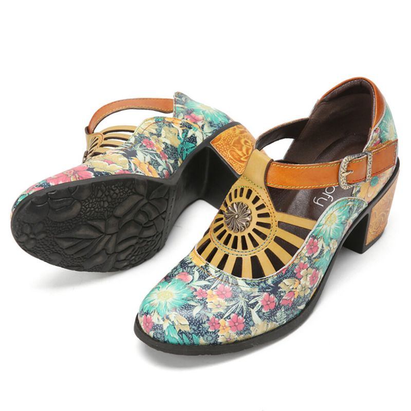 Bequeme T Strap Heels Aus Echtem Leder Mit Klettverschluss Und Retro Blumenmuster Für Damen