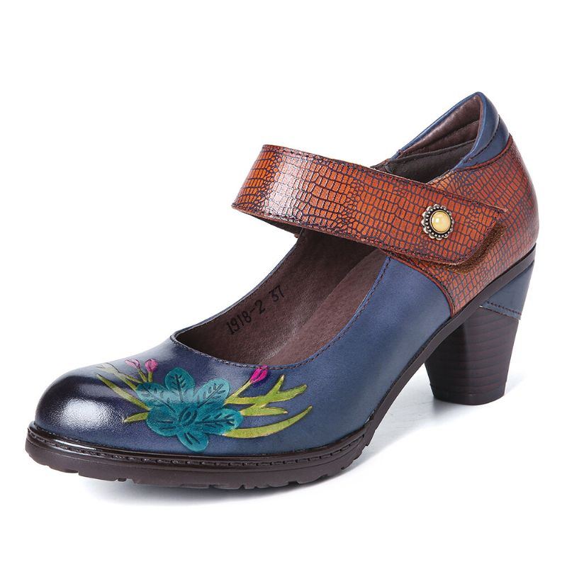 Damen Pumps Aus Echtem Leder Im Retro Malstil Mit Blumenverzierter Zarter Schnalle