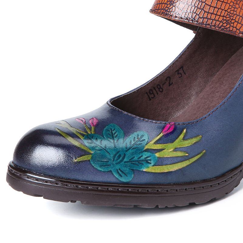 Damen Pumps Aus Echtem Leder Im Retro Malstil Mit Blumenverzierter Zarter Schnalle