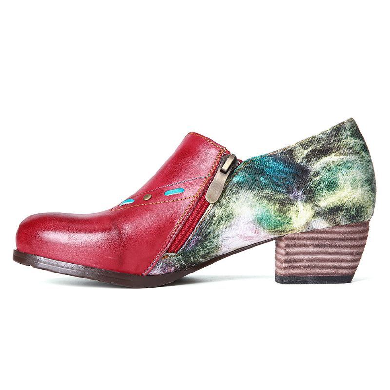 Damen Pumps Aus Echtem Leder Mit Eckigem Absatz Retro Galaxy Muster Genähte Metallperlen