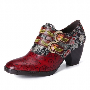 Damen Pumps Mit Retro Blumen Metallprägung Und Schnallenriemen Aus Leder Mit Niedrigem Absatz Und Eckiger Zehenpartie