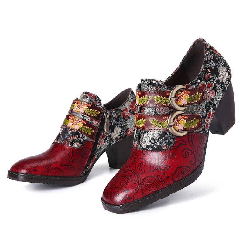 Damen Pumps Mit Retro Blumen Metallprägung Und Schnallenriemen Aus Leder Mit Niedrigem Absatz Und Eckiger Zehenpartie