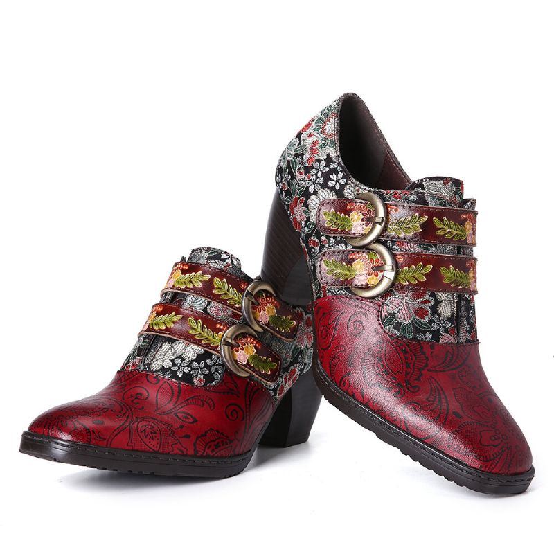 Damen Pumps Mit Retro Blumen Metallprägung Und Schnallenriemen Aus Leder Mit Niedrigem Absatz Und Eckiger Zehenpartie