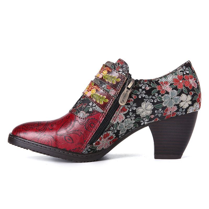 Damen Pumps Mit Retro Blumen Metallprägung Und Schnallenriemen Aus Leder Mit Niedrigem Absatz Und Eckiger Zehenpartie