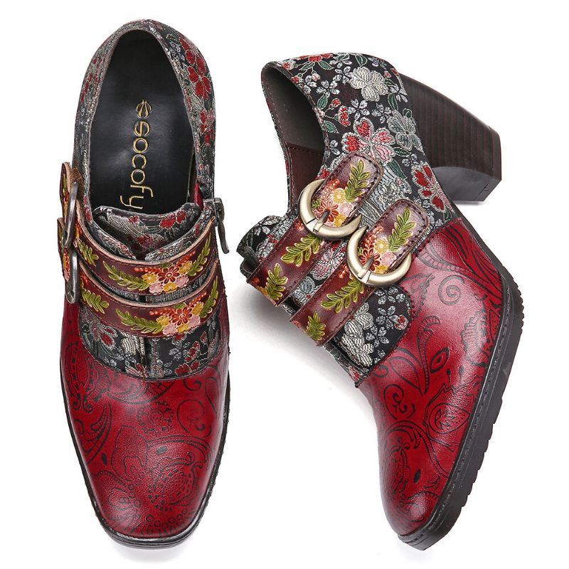 Damen Pumps Mit Retro Blumen Metallprägung Und Schnallenriemen Aus Leder Mit Niedrigem Absatz Und Eckiger Zehenpartie