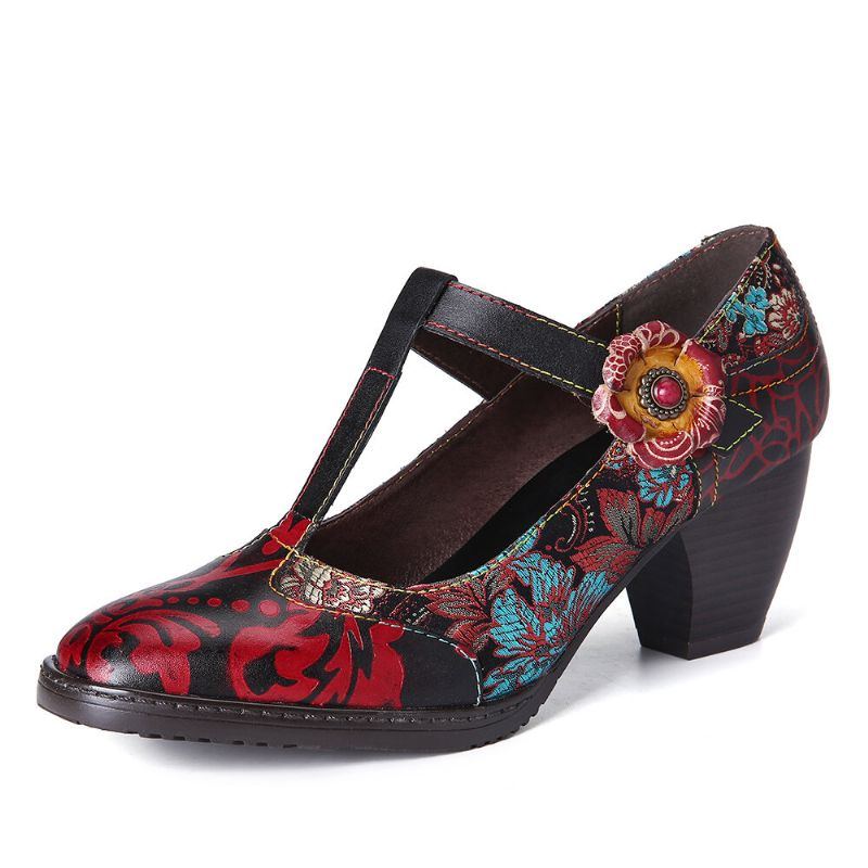 Damen Pumps Mit Retro Blumenstickerei Und Blumen Aus Leder Mit Niedrigem Absatz Und Klettverschluss