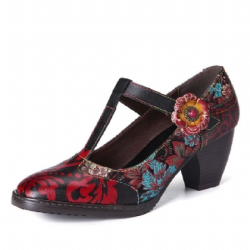 Damen Pumps Mit Retro Blumenstickerei Und Blumen Aus Leder Mit Niedrigem Absatz Und Klettverschluss