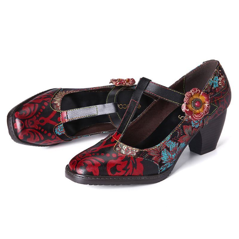 Damen Pumps Mit Retro Blumenstickerei Und Blumen Aus Leder Mit Niedrigem Absatz Und Klettverschluss