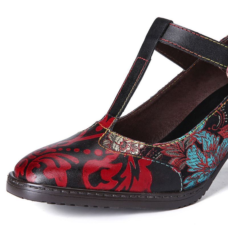 Damen Pumps Mit Retro Blumenstickerei Und Blumen Aus Leder Mit Niedrigem Absatz Und Klettverschluss