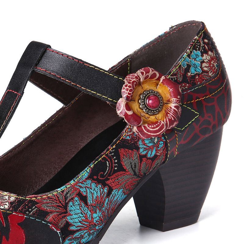 Damen Pumps Mit Retro Blumenstickerei Und Blumen Aus Leder Mit Niedrigem Absatz Und Klettverschluss