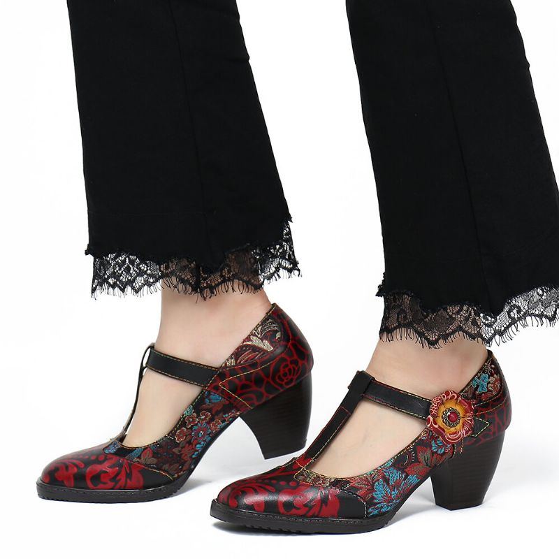 Damen Pumps Mit Retro Blumenstickerei Und Blumen Aus Leder Mit Niedrigem Absatz Und Klettverschluss