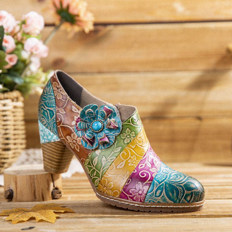 Damen Retro Blumen Lederspleißreißverschluss Chunky Heel Pumps Abendschuhe