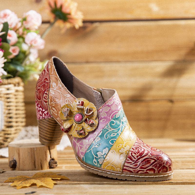 Damen Retro Blumen Lederspleißreißverschluss Chunky Heel Pumps Abendschuhe