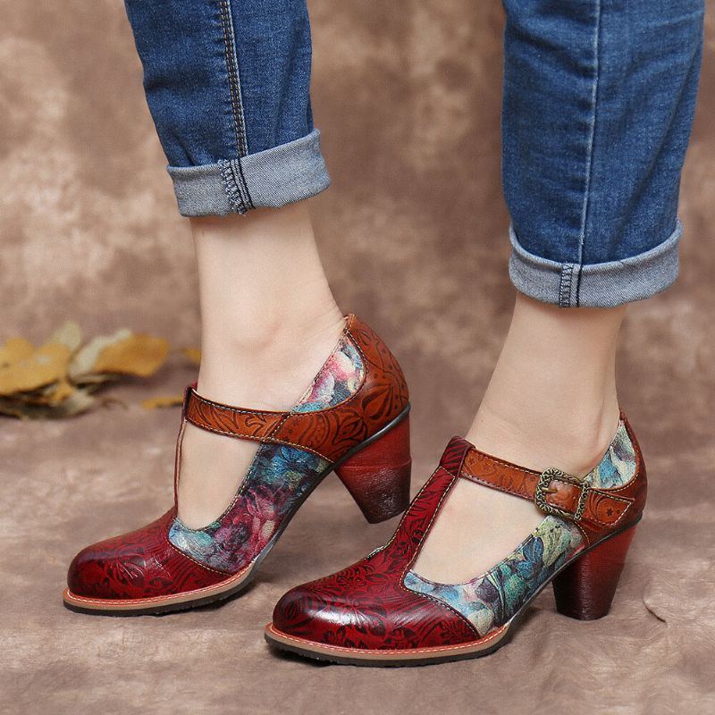 Damen Retro Echtleder Pumps Mit Blumenprägung Und Blättern T Riemen Blockabsatz