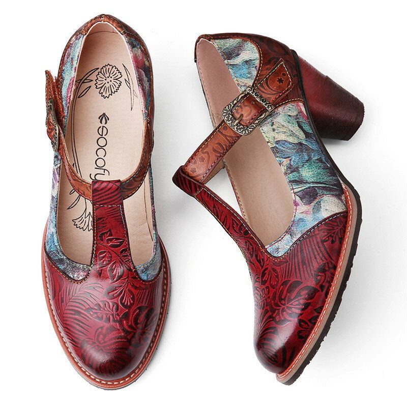 Damen Retro Echtleder Pumps Mit Blumenprägung Und Blättern T Riemen Blockabsatz